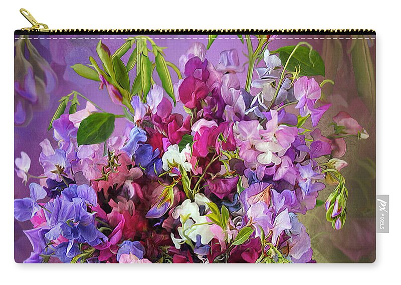 Sweet Pea Zip Pouch featuring the mixed media Sweet Pea Bouquet by Carol Cavalaris
