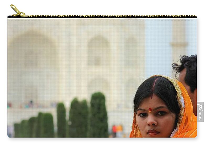 India Zip Pouch featuring the photograph Taj Mahal Woman by Amanda Stadther