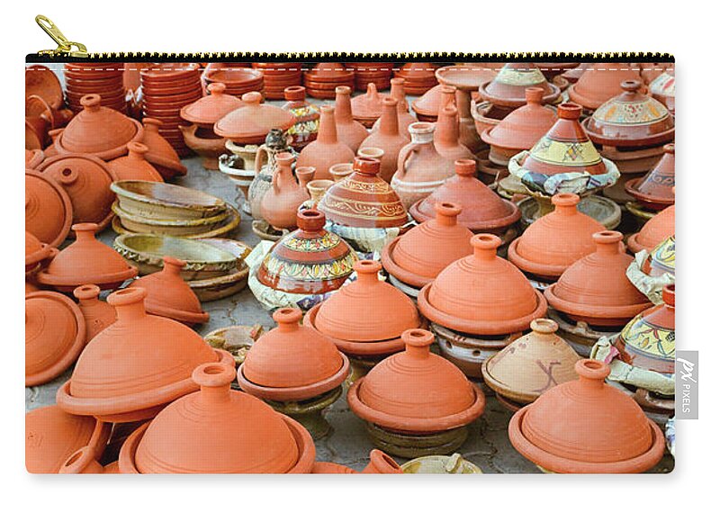 Built Structure Zip Pouch featuring the photograph Tajine Pottery Stacked In A Market by Paolo Negri