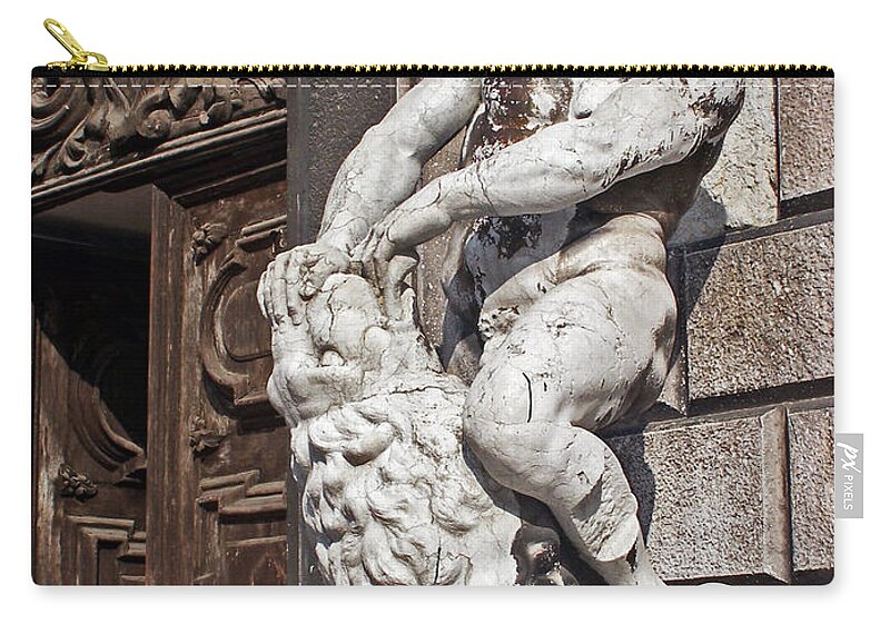 Statue Of Nude Man And Lion Zip Pouch featuring the photograph Taken by Force by Jennifer Robin