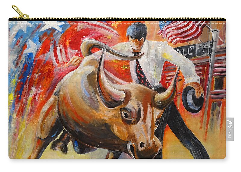 Expressionism Zip Pouch featuring the painting Taking on The Wall Street Bull by Miki De Goodaboom