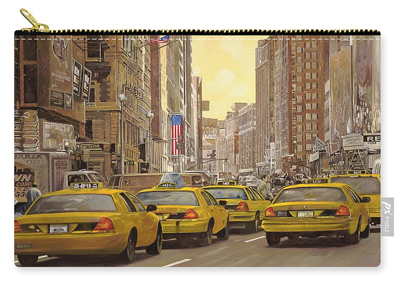 New York Zip Pouch featuring the painting yellow taxi in NYC by Guido Borelli