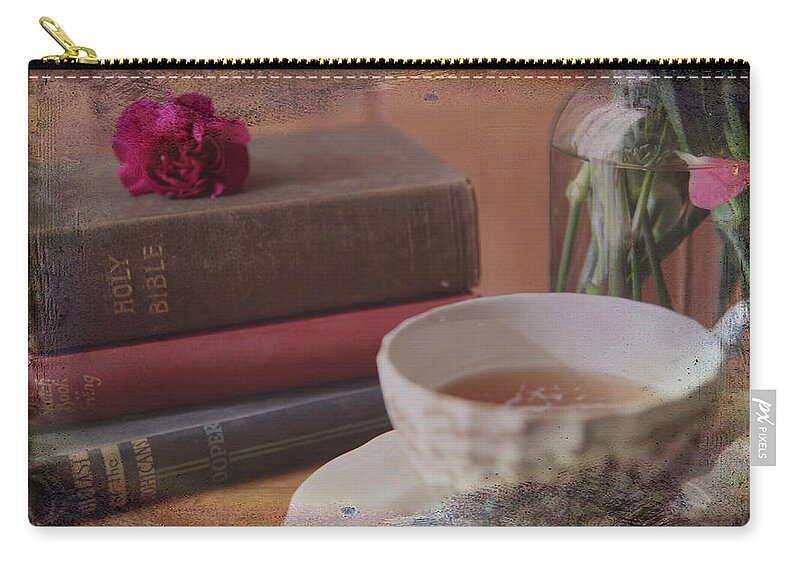 Still Life Zip Pouch featuring the photograph Tea and Verses by Toni Hopper