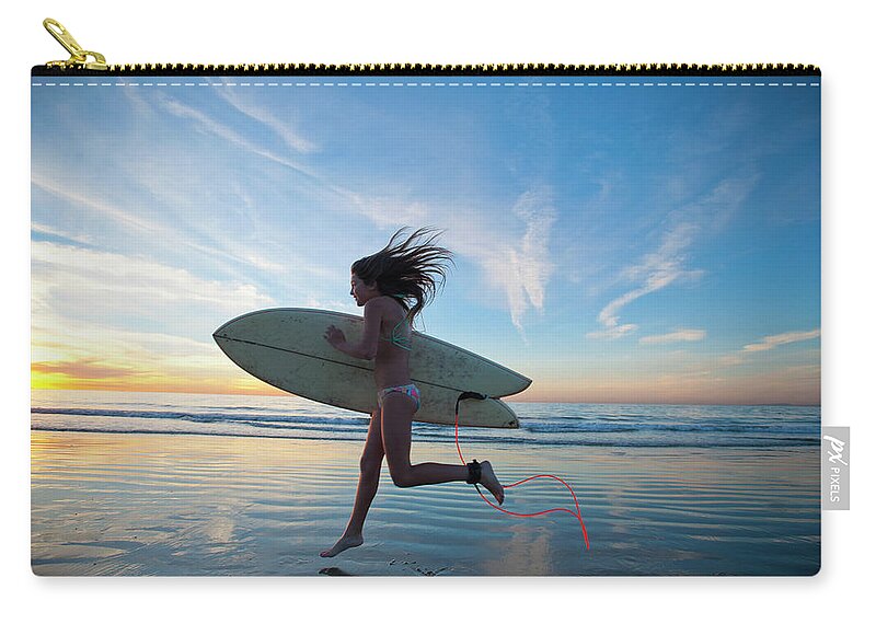 Adolescence Zip Pouch featuring the photograph Teen Girl Running Leaping To The Surf by Stephen Simpson