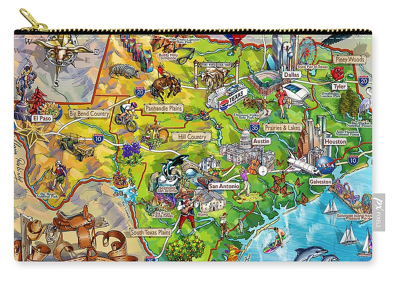 Texas Carry-all Pouch featuring the painting Texas Illustrated Map by Maria Rabinky