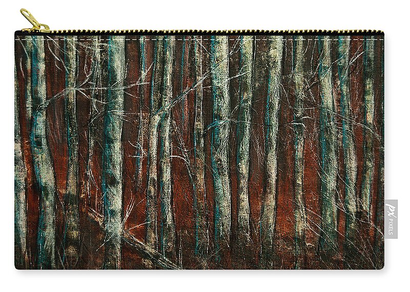 Red Willow Zip Pouch featuring the painting Textured Birch Forest by Jani Freimann