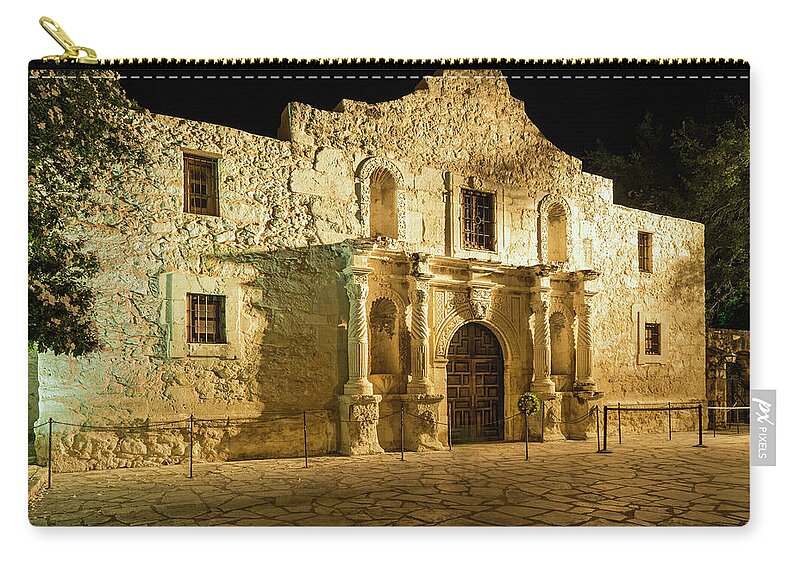 Built Structure Zip Pouch featuring the photograph The Alamo San Antonio Texas, In Golden by Dszc
