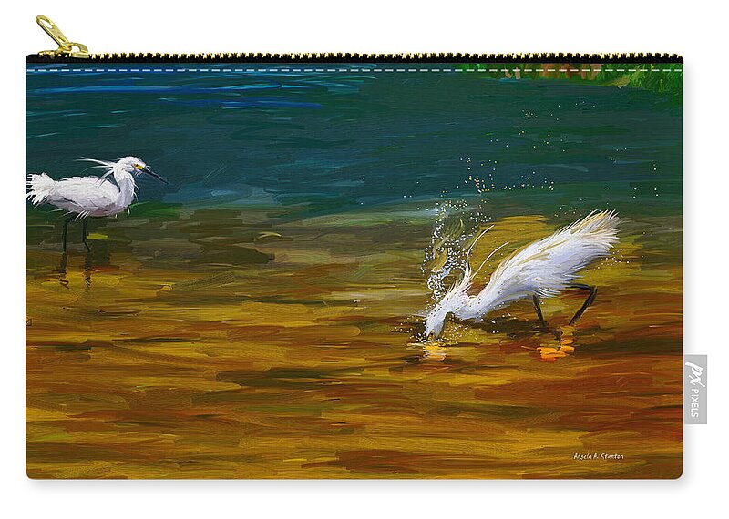 Egret Zip Pouch featuring the painting The Catch by Angela Stanton
