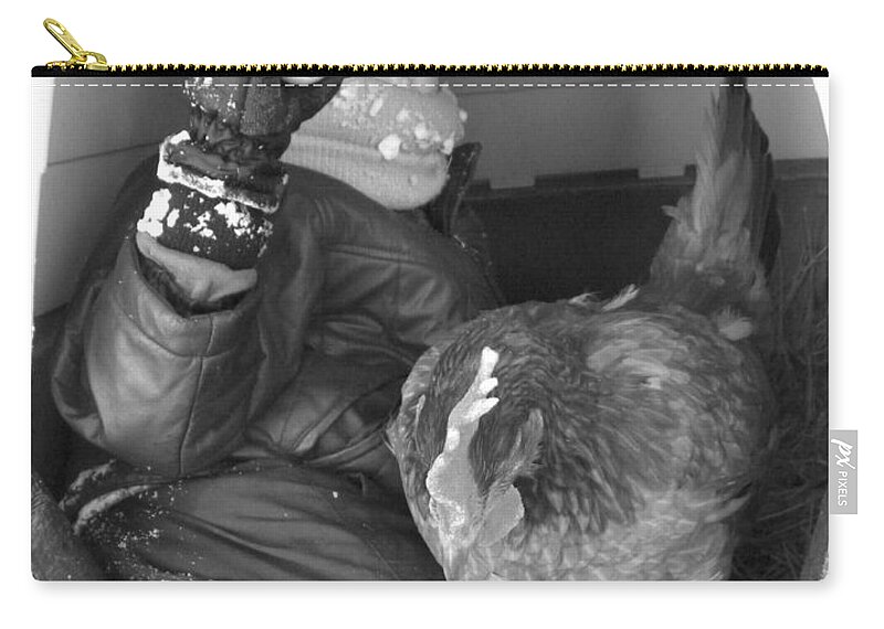 Chicken Zip Pouch featuring the photograph The Chicken And the Egg in Black and White by Sheri Lauren