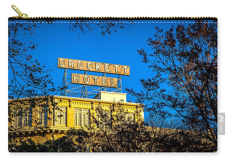 Alamo Zip Pouch featuring the photograph The Crockett Hotel by Melinda Ledsome