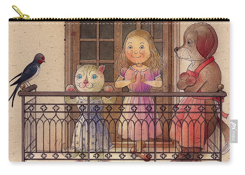 Cat Dog Girl Balkony Bird Evening Fantasy Children Zip Pouch featuring the painting The Dream Cat 24 by Kestutis Kasparavicius