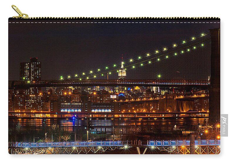 Amazing Brooklyn Bridge Photos Zip Pouch featuring the photograph The Empire State Building Framed by the Brooklyn Bridge by Mitchell R Grosky