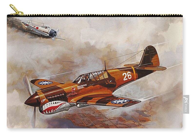 Aircraft Zip Pouch featuring the painting The Flying Tigers by Dick Bobnick