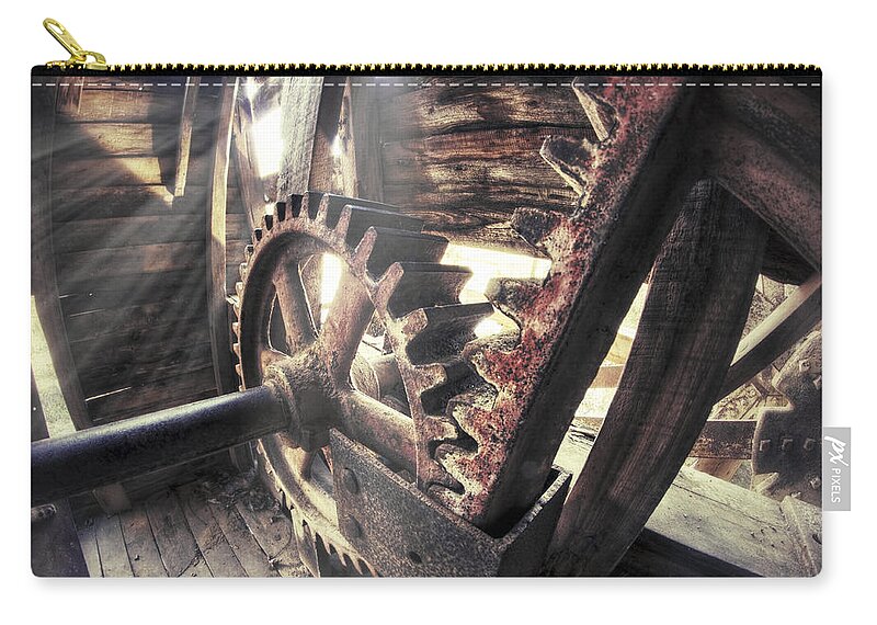 Falling Spring Mill Zip Pouch featuring the photograph The Gears of Falling Spring Mill - Missouri - Steampunk by Jason Politte