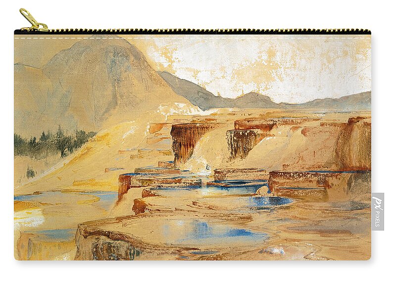 Thomas Moran Zip Pouch featuring the painting The Great Thermal Springs of Gardiner's River Montana by Thomas Moran