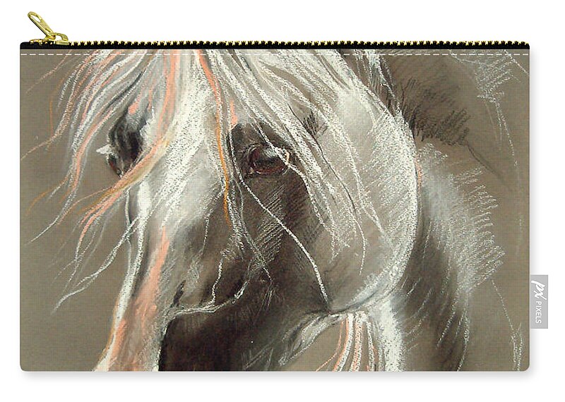 Pastel Zip Pouch featuring the drawing The Grey Horse Soft Pastel by Ang El