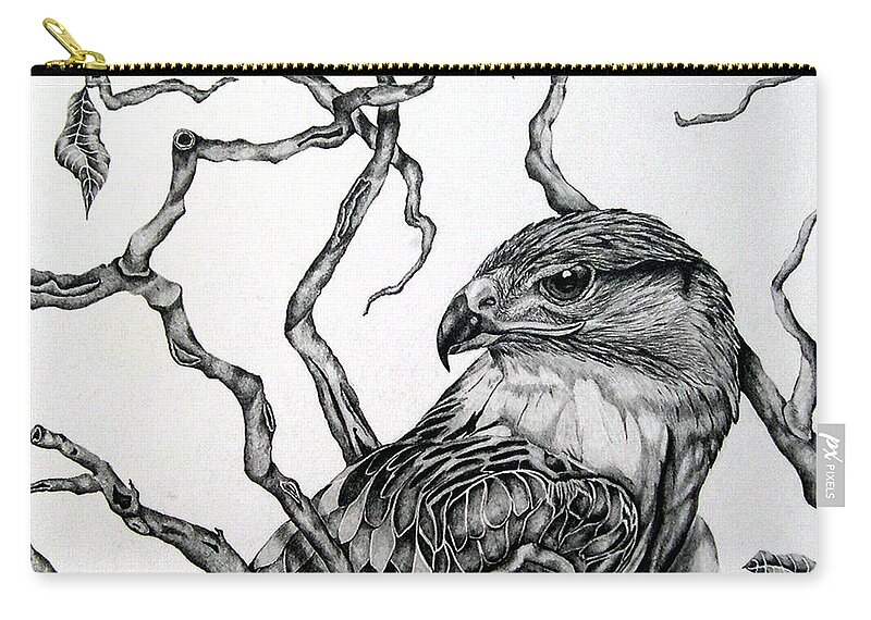 Hawk Zip Pouch featuring the drawing The Hawk by Alison Caltrider