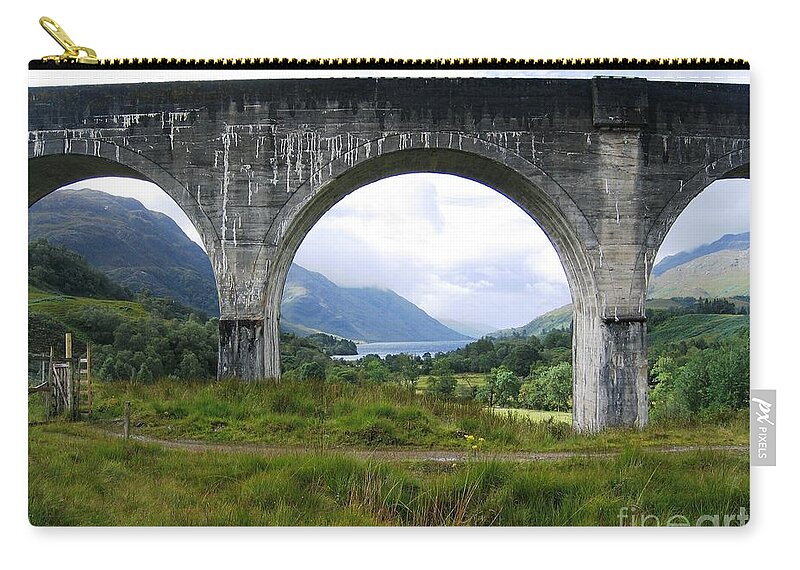 Scottish Highlands Zip Pouch featuring the photograph The Loch and The Viaduct by Denise Railey