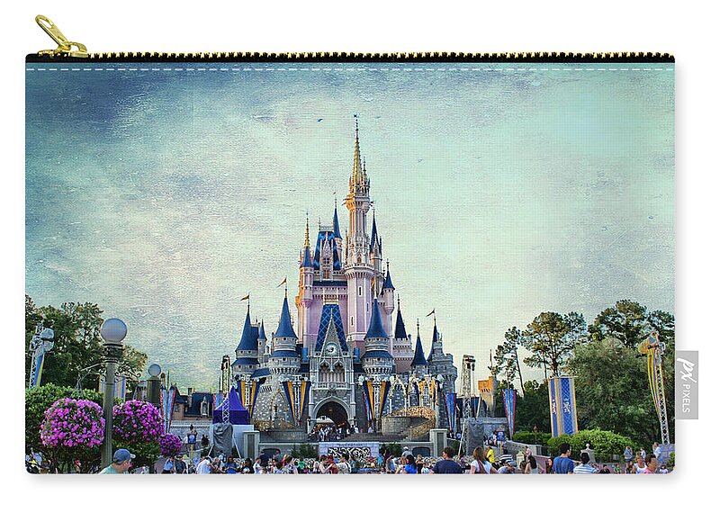 Castle Zip Pouch featuring the photograph The Magic Kingdom Castle Disney World On A Beautiful Summer Day Textured Sky by Thomas Woolworth