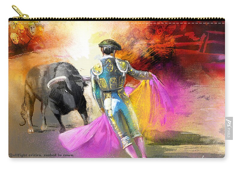 Bulls Carry-all Pouch featuring the painting The Man Who Fights The Bull by Miki De Goodaboom