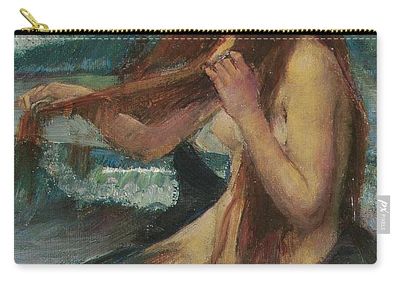Mermaid; Myth; Mythology; Mythological; Pre Raphaelite; Pre-raphaelite; Combing; Combing Hair; Brushing; Brushing Hair; Red Hair; Redhead; Red-haired; Melancholy; Rock; Siren; Nude; Sketch; Study; Wistful; Daydreaming; Romance; Fairytale Zip Pouch featuring the painting The Mermaid by John William Waterhouse