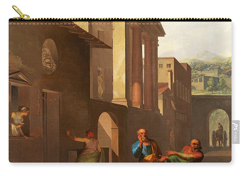 Nicolai Abraham Abildgaard Zip Pouch featuring the painting The Midwife Taking Leave of the girl from Andros. From Terence's Andria by Nicolai Abraham Abildgaard