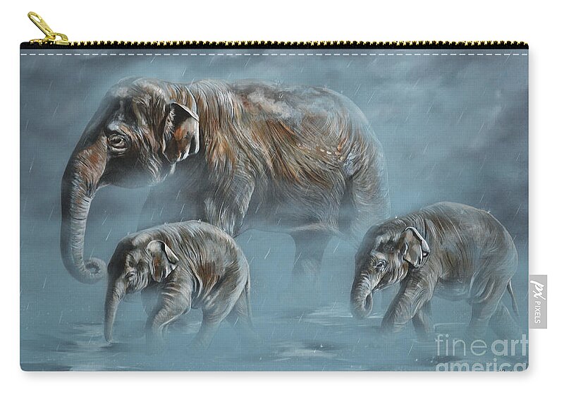 Asian Elephants Zip Pouch featuring the painting The Mist by Lachri