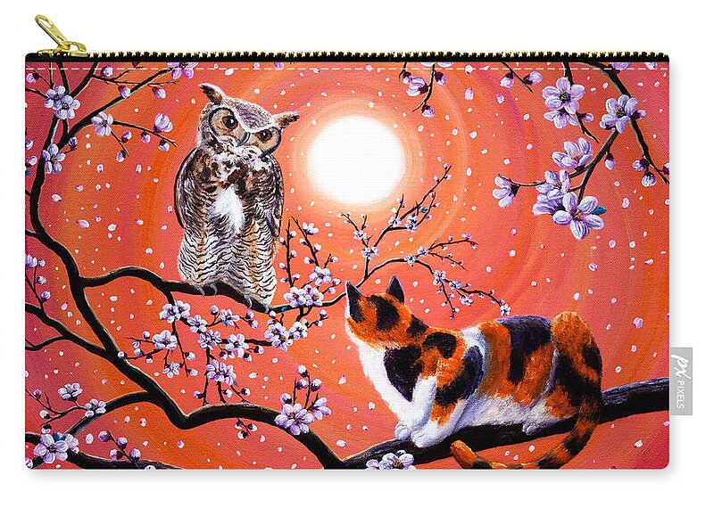 Peach Zip Pouch featuring the painting The Owl and the Pussycat in Peach Blossoms by Laura Iverson