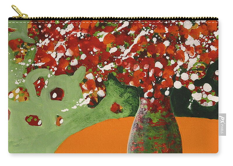 Abstract Flower Bouquet Paintings Zip Pouch featuring the painting The Red and Green Vase by Marta K Tollerup