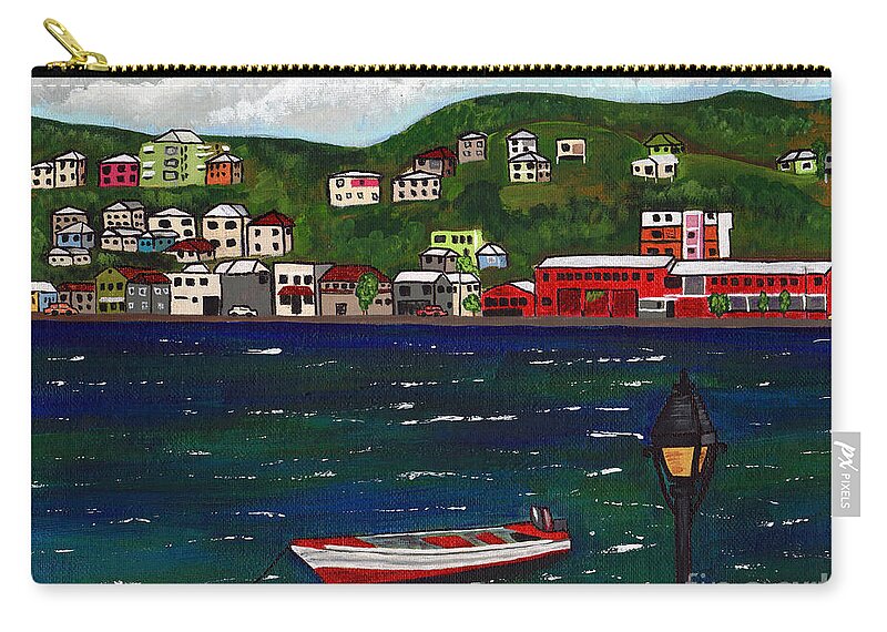 Grenada Zip Pouch featuring the painting The Red and White Fishing Boat Carenage Grenada by Laura Forde