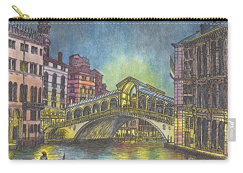 Light Reflections Zip Pouch featuring the mixed media Relections of Light and the Rialto Bridge An Evening in Venice by Carol Wisniewski