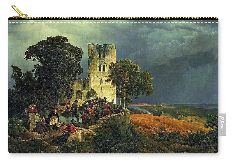 Karl Friedrich Lessing Zip Pouch featuring the painting The Siege. Defense of a Church Courtyard During the Thirty Years' War by Karl Friedrich Lessing