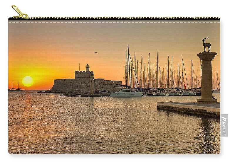 Aegean Zip Pouch featuring the photograph The sunrise at the old port of Rhodes - Greece by Constantinos Iliopoulos