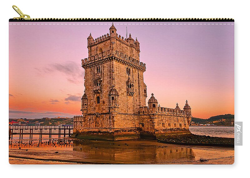 Crystal Zip Pouch featuring the photograph the tower of belem in Lisbon at sunset by Mitchell R Grosky