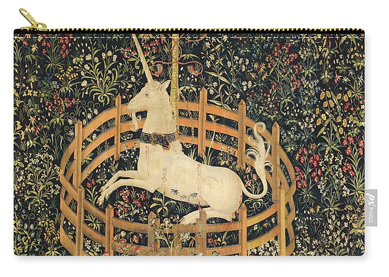 Mythology Zip Pouch featuring the tapestry - textile The Unicorn in Captivity by Unknown