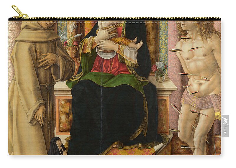 Carlo Crivelli Zip Pouch featuring the painting The Virgin and Child with Saints Francis and Sebastian by Carlo Crivelli