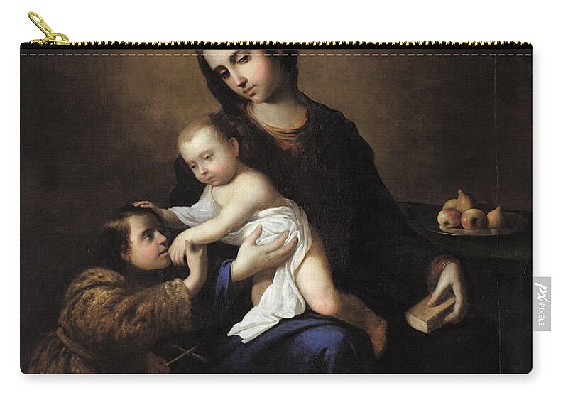 Francisco De Zurbaran Zip Pouch featuring the painting The Virgin and Child with the Infant St John the Baptist by Francisco de Zurbaran