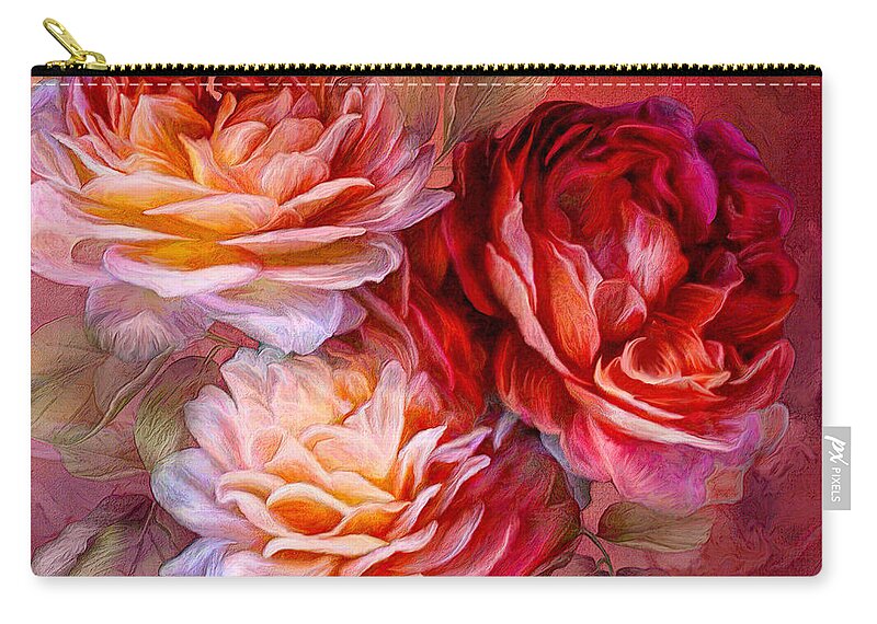 Rose Roses Zip Pouch featuring the mixed media Three Roses - Red by Carol Cavalaris
