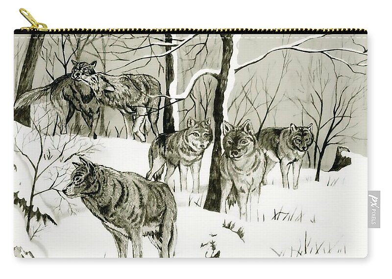 Landscape Zip Pouch featuring the drawing Timber Wolf Pack by Anthony Seeker
