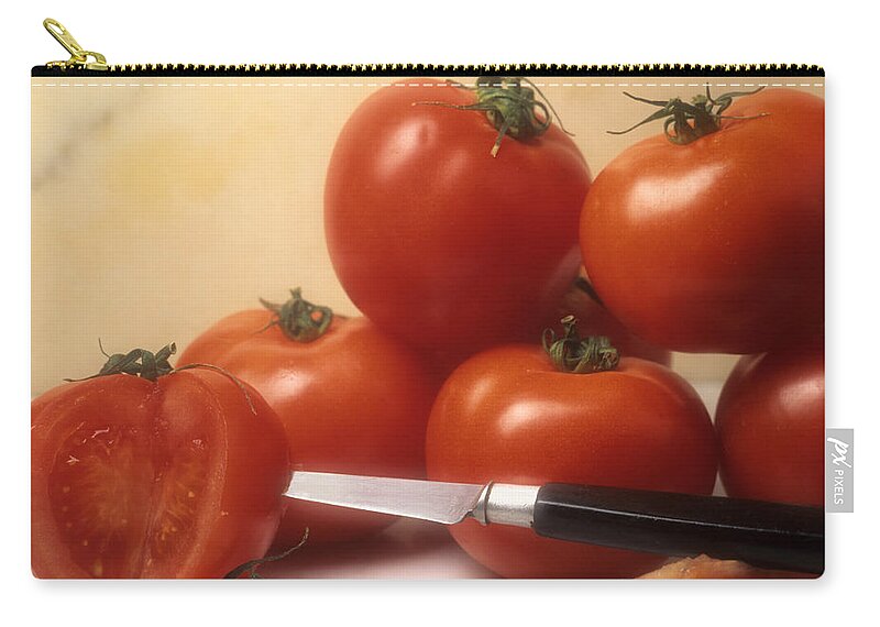 Cut Food Indoors Indoor Inside Knife Knives Nobody Nutrition Sharp Sliced Solanum Lycopersicum Zip Pouch featuring the photograph Tomatoes and a knife by Bernard Jaubert