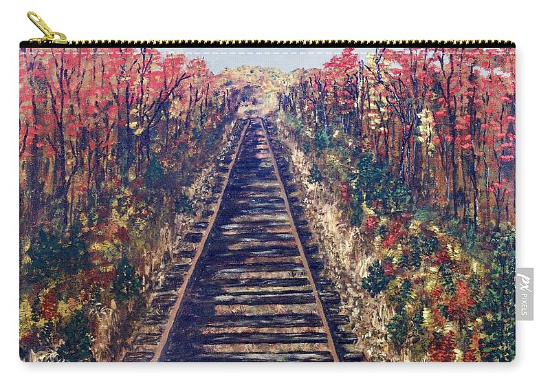 Railroad Tracks Zip Pouch featuring the painting Tracks Remembered by Cynthia Morgan