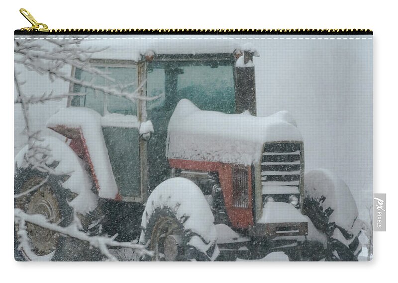 Snow Zip Pouch featuring the photograph Tractor in the Snow by Holden The Moment