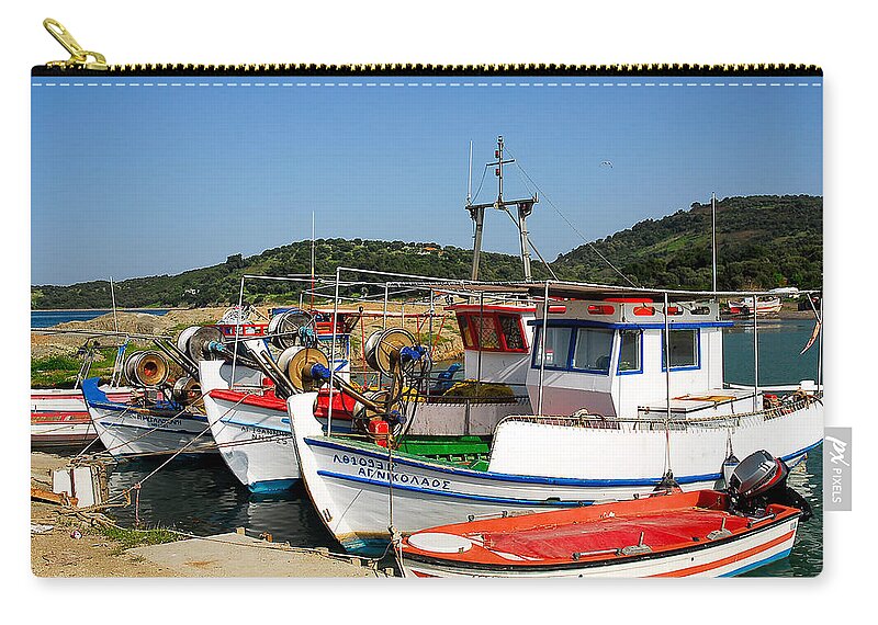 Europe Zip Pouch featuring the photograph Traditional Greek Boats by Roy Pedersen