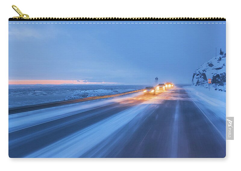 Snow Zip Pouch featuring the photograph Traffic Driving On The Seward Highway by Kevin Smith / Design Pics