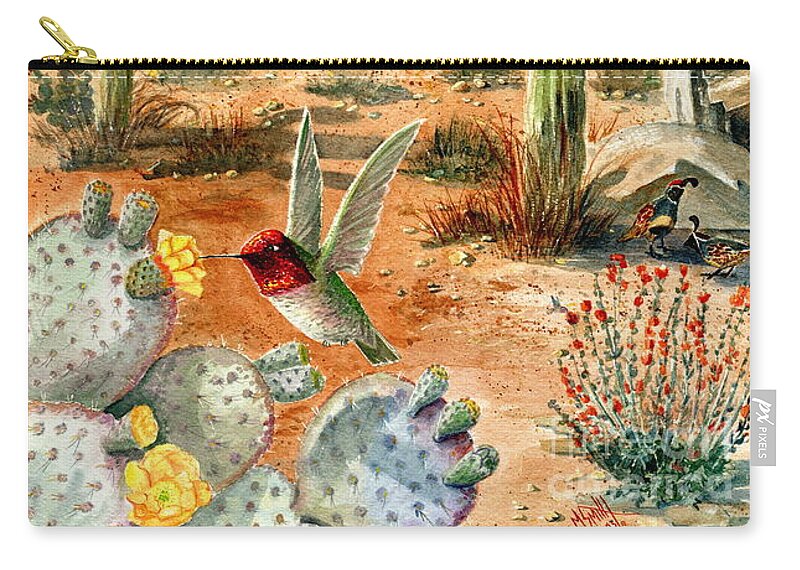 Hummingbirds Zip Pouch featuring the painting Treasures of the Desert by Marilyn Smith