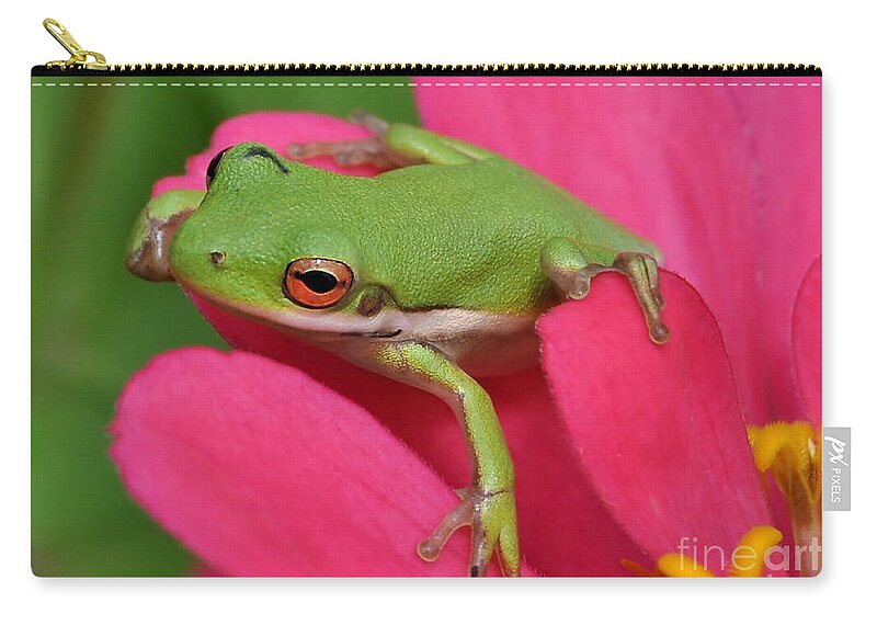 Frog Carry-all Pouch featuring the photograph Tree Frog On A Pink Flower by Kathy Baccari