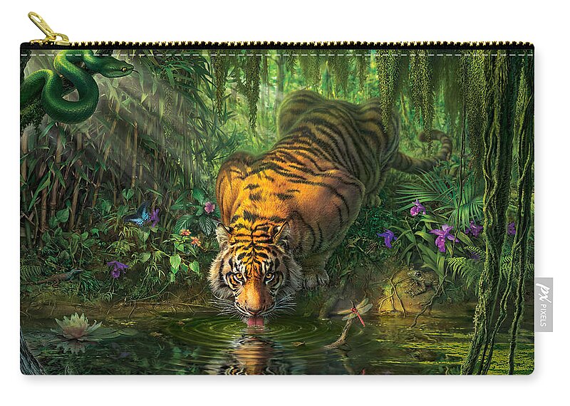 Bambootiger Dragonfly Butterfly Bengal Tiger India Rainforest Junglefredrickson Snail Water Lily Orchid Flowers Vines Snake Viper Pit Viper Frog Toad Palms Pond River Moss Tiger Paintings Jungle Tigers Tiger Art Zip Pouch featuring the digital art Aurora's Garden by Mark Fredrickson