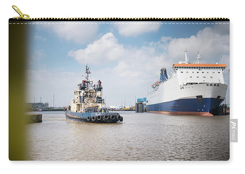 Freight Transportation Zip Pouch featuring the photograph Tugboat Approaching Ferry In Harbour by Monty Rakusen