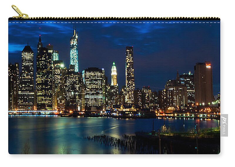 Amazing Brooklyn Bridge Photos Zip Pouch featuring the photograph Twilight NYC Panorama by Mitchell R Grosky
