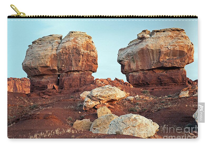 Autumn Zip Pouch featuring the photograph Twin Rocks at Sunrise Capitol Reef National Park by Fred Stearns